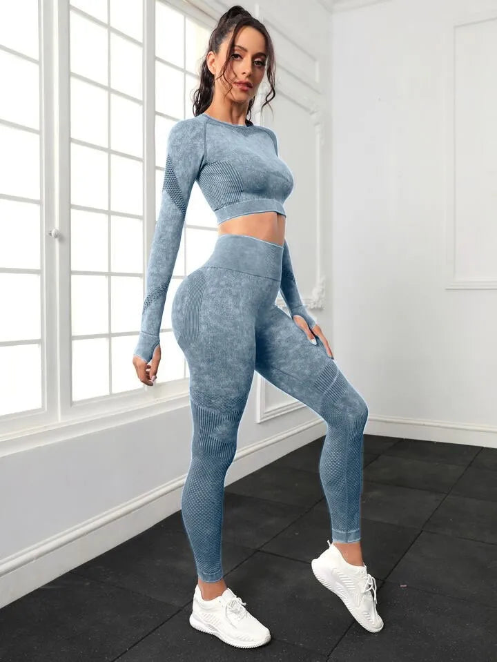 Women's Long Sleeve Crop Top and Fitness Yoga Pants Two-piece Set - ChoreGirl