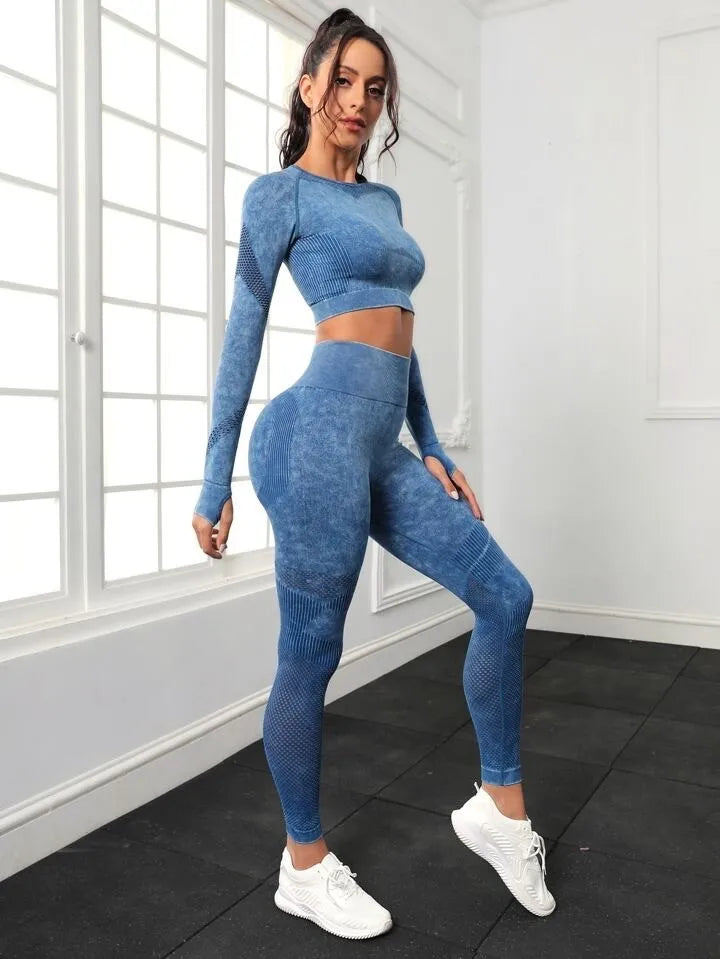 Women's Long Sleeve Crop Top and Fitness Yoga Pants Two-piece Set - ChoreGirl