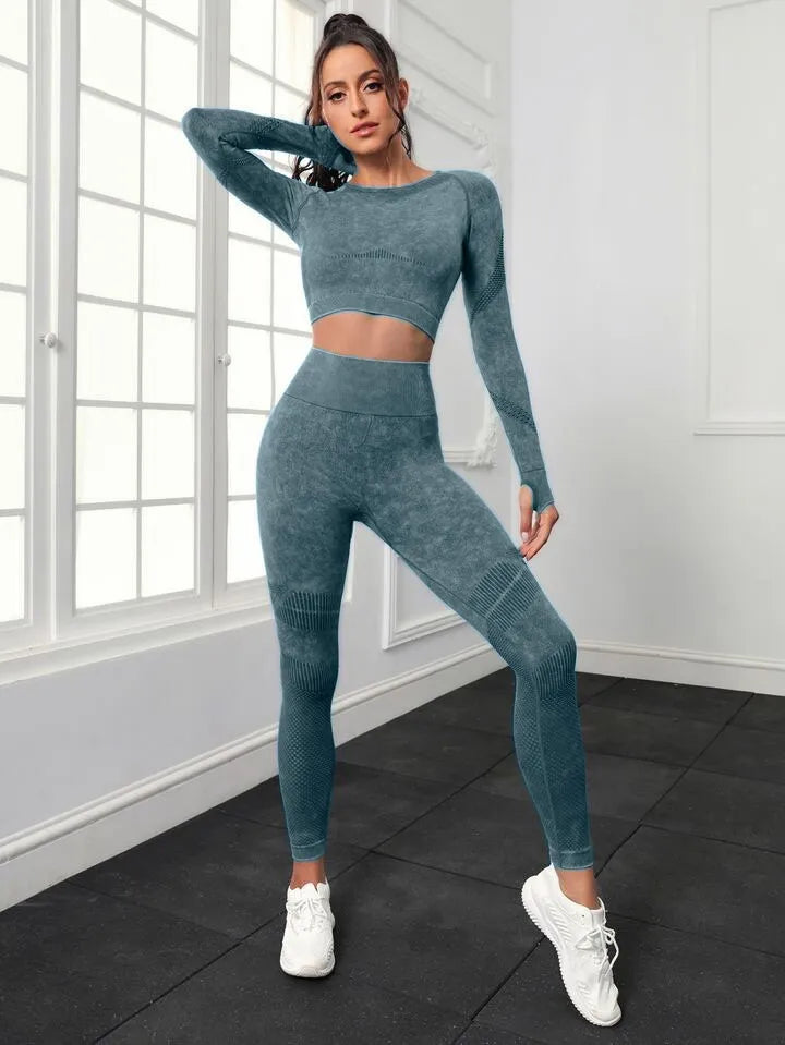 Women's Long Sleeve Crop Top and Fitness Yoga Pants Two-piece Set - ChoreGirl