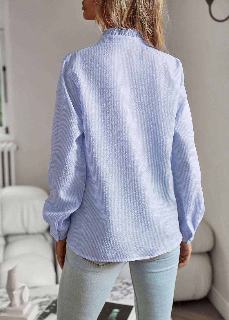 Women's Long Sleeve Striped Button Up Shirt with Ruffle Design - ChoreGirl