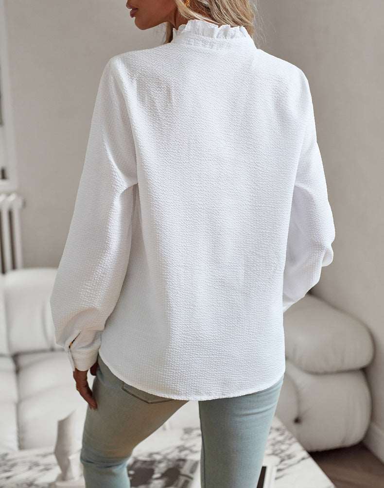 Women's Long Sleeve Striped Button Up Shirt with Ruffle Design - ChoreGirl