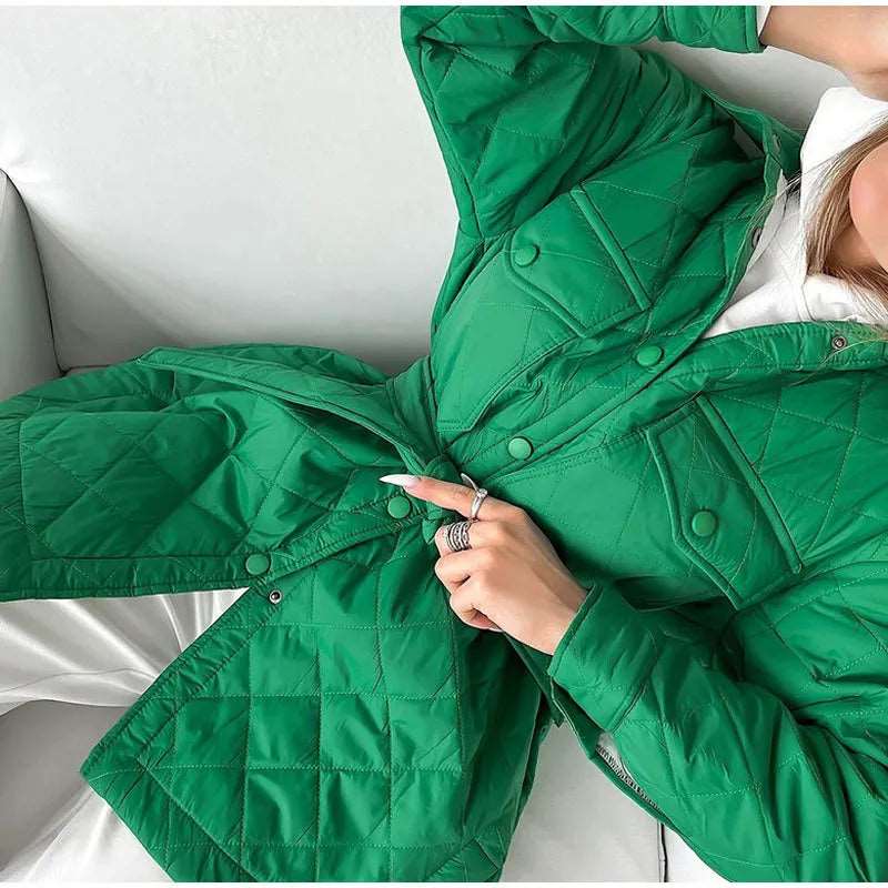 Women's Loose And Warm Rhombus Cotton Padded Autumn/ Spring Jacket - ChoreGirl