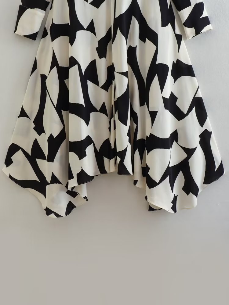 Women's Loose Black and White Geometric Pattern Shirt Style Dress - ChoreGirl