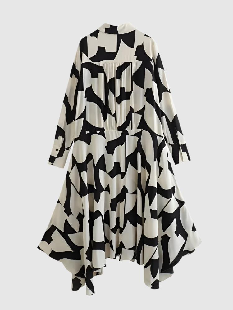 Women's Loose Black and White Geometric Pattern Shirt Style Dress - ChoreGirl