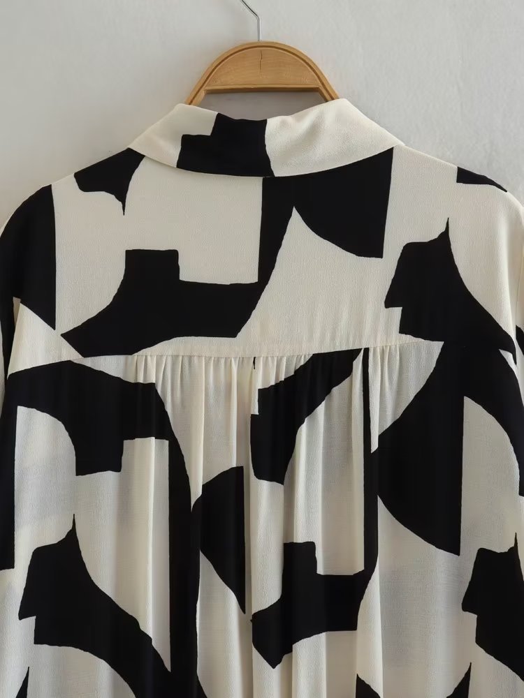 Women's Loose Black and White Geometric Pattern Shirt Style Dress - ChoreGirl
