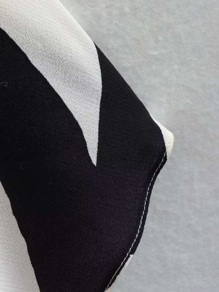 Women's Loose Black and White Geometric Pattern Shirt Style Dress - ChoreGirl