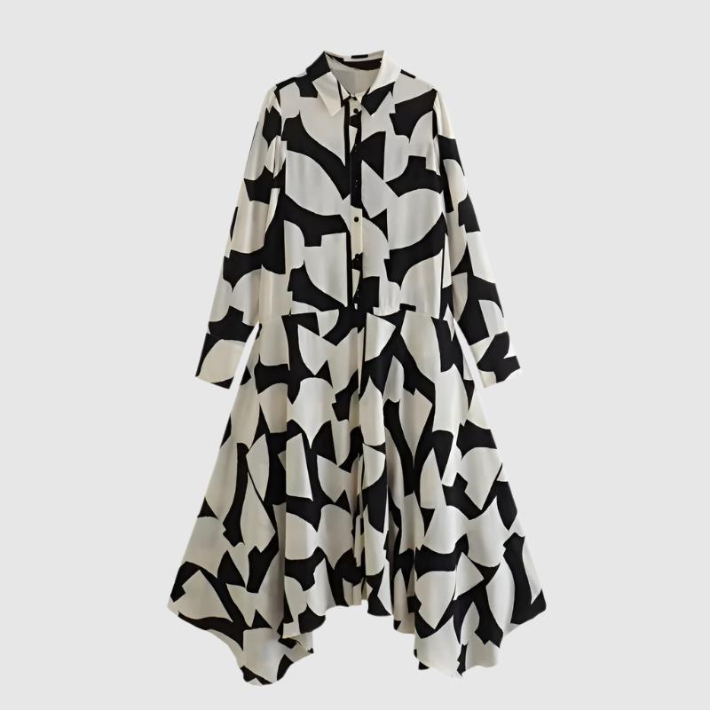 Women's Loose Black and White Geometric Pattern Shirt Style Dress - ChoreGirl