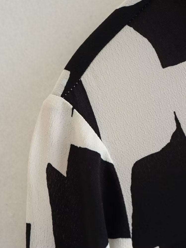 Women's Loose Black and White Geometric Pattern Shirt Style Dress - ChoreGirl