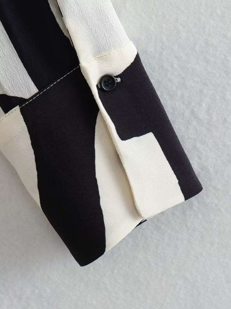 Women's Loose Black and White Geometric Pattern Shirt Style Dress - ChoreGirl