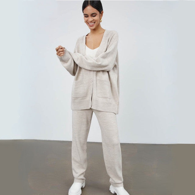 Women's Loose Wool Cardigan and Pants Outfit Set - ChoreGirl