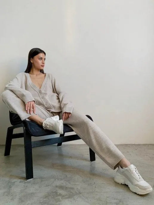 Women's Loose Wool Cardigan and Pants Outfit Set - ChoreGirl