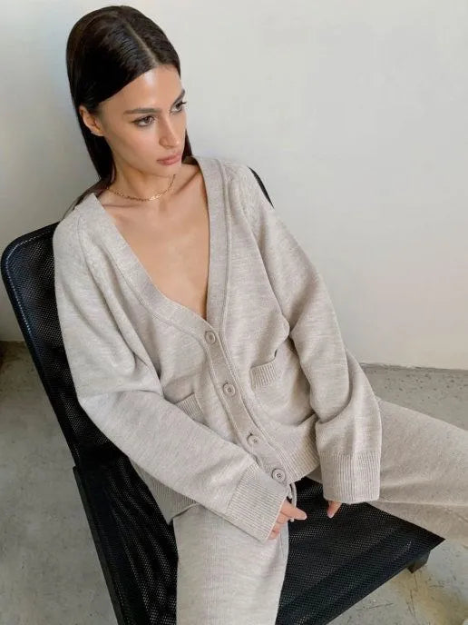 Women's Loose Wool Cardigan and Pants Outfit Set - ChoreGirl