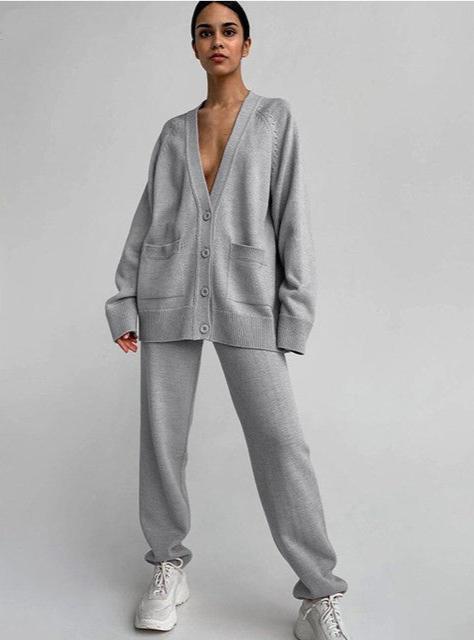Women's Loose Wool Cardigan and Pants Outfit Set - ChoreGirl