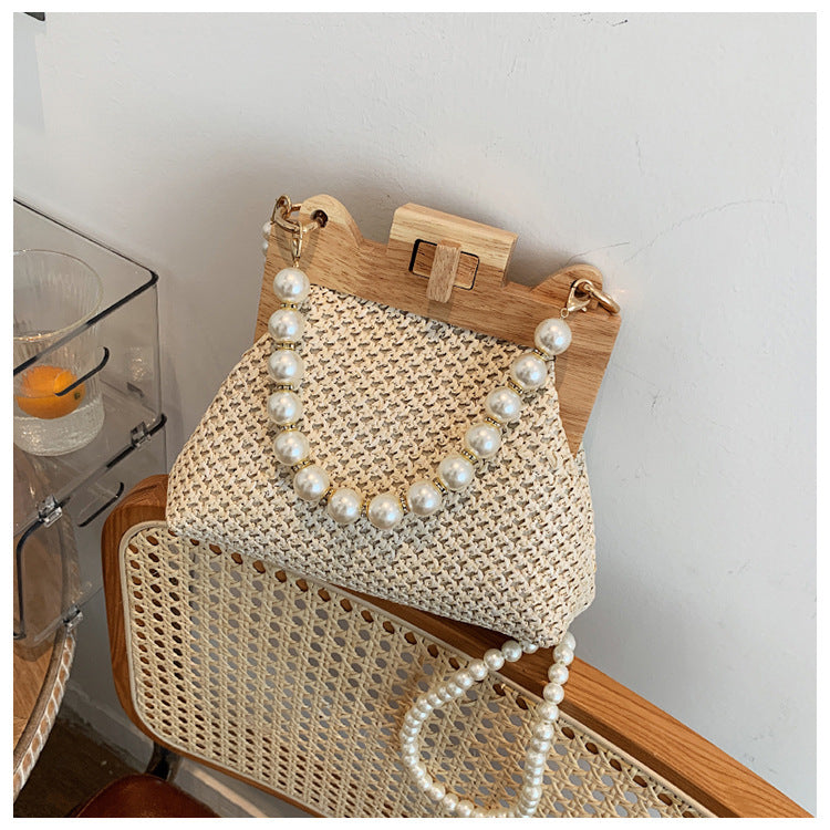 Women's Pearl Chain Handle Straw Woven Shoulder Bag - ChoreGirl