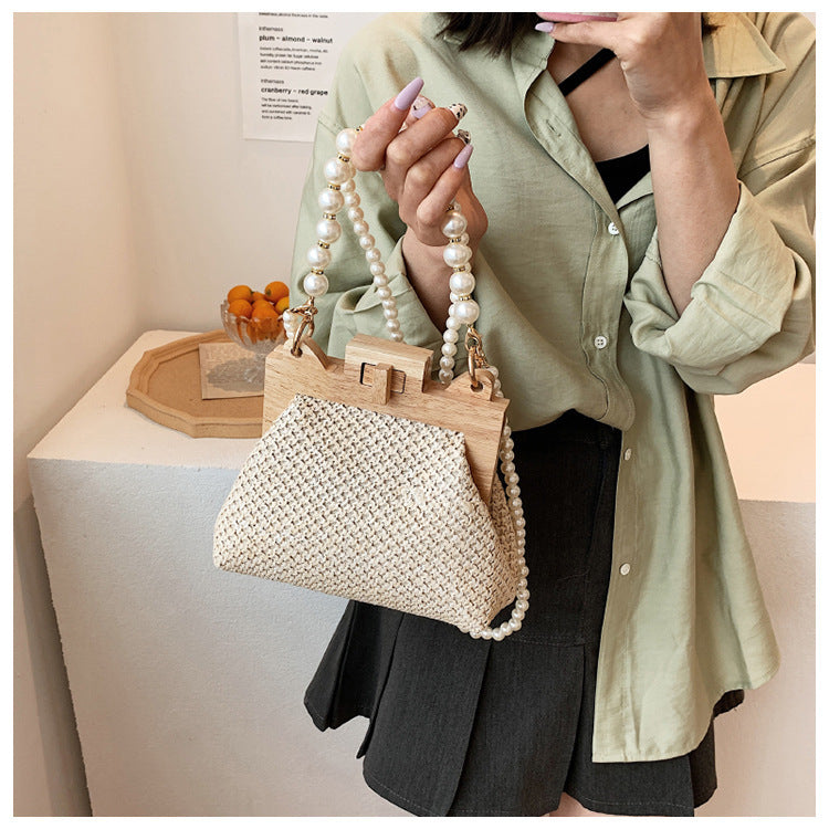 Women's Pearl Chain Handle Straw Woven Shoulder Bag - ChoreGirl
