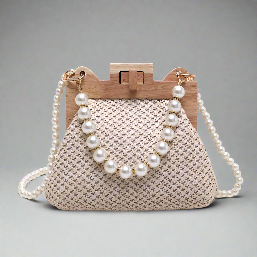 Women's Pearl Chain Handle Straw Woven Shoulder Bag - ChoreGirl