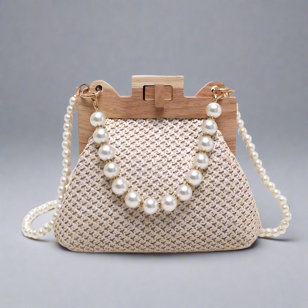 Women's Pearl Chain Handle Straw Woven Shoulder Bag - ChoreGirl