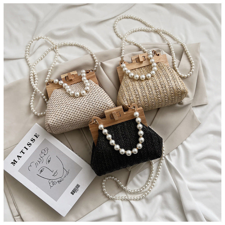 Women's Pearl Chain Handle Straw Woven Shoulder Bag - ChoreGirl