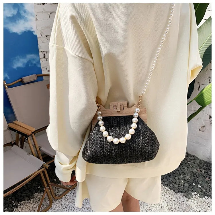 Women's Pearl Chain Handle Straw Woven Shoulder Bag - ChoreGirl