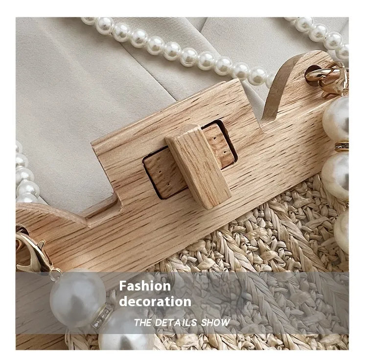 Women's Pearl Chain Handle Straw Woven Shoulder Bag - ChoreGirl