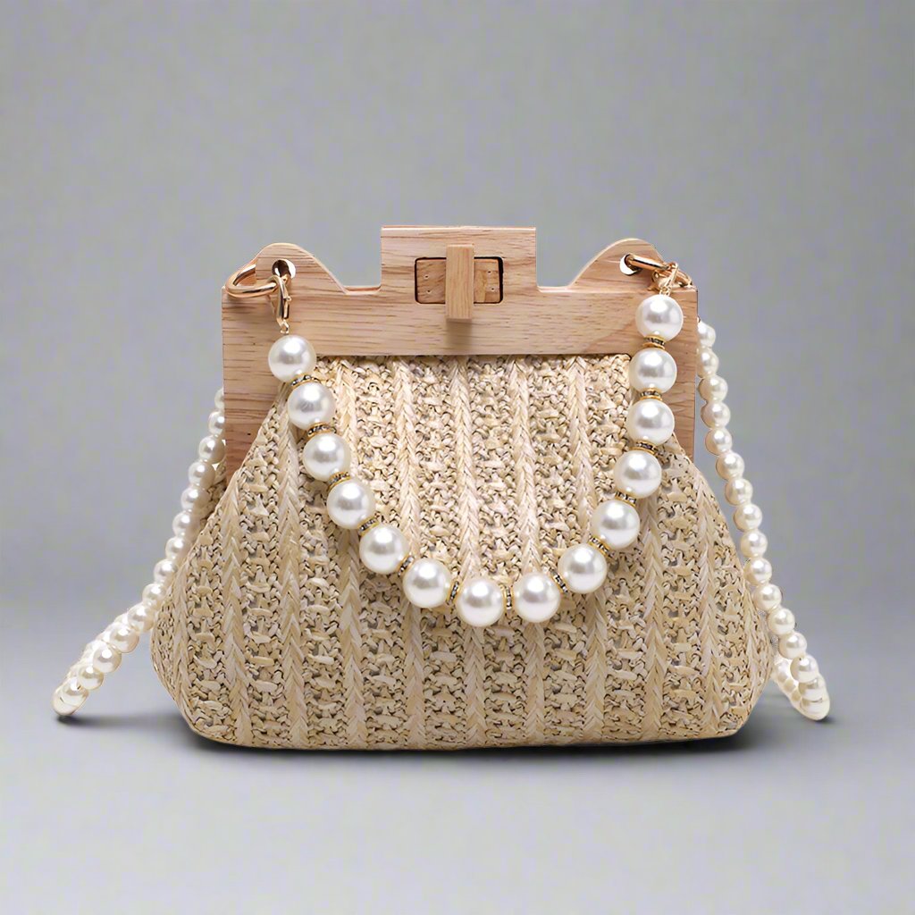 Women's Pearl Chain Handle Straw Woven Shoulder Bag - ChoreGirl