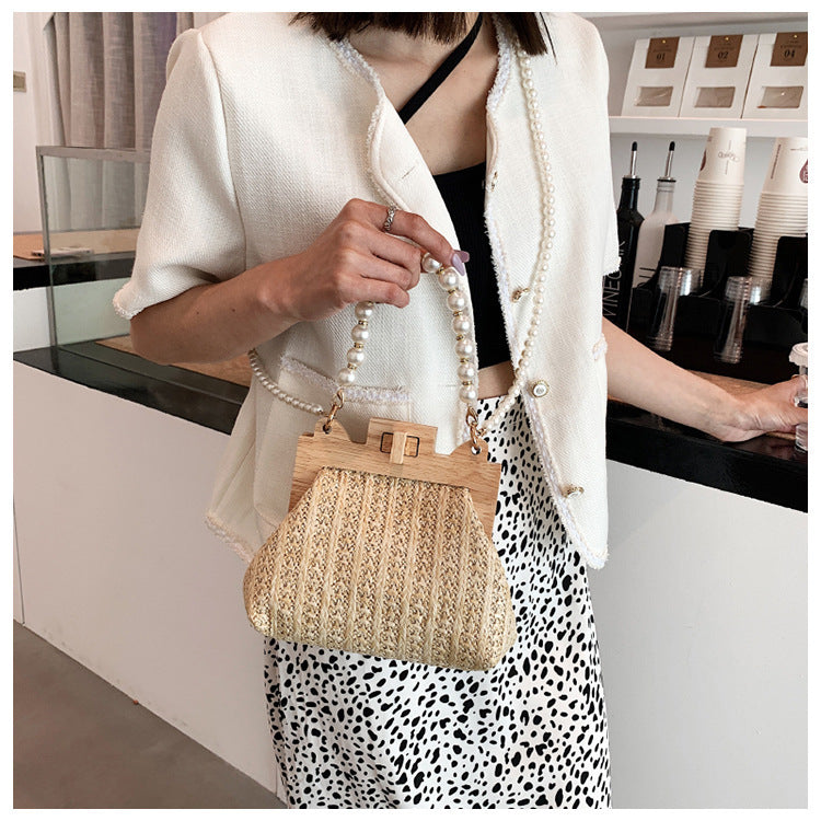 Women's Pearl Chain Handle Straw Woven Shoulder Bag - ChoreGirl
