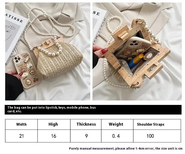 Women's Pearl Chain Handle Straw Woven Shoulder Bag - ChoreGirl