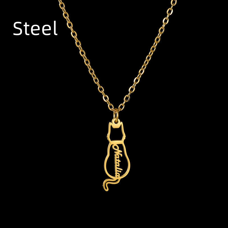 Custom Women's Titanium Cute Kitten Monogrammed Necklace | PERSONALIZED - ChoreGirl