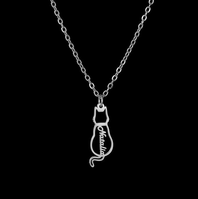 Custom Women's Titanium Cute Kitten Monogrammed Necklace | PERSONALIZED - ChoreGirl