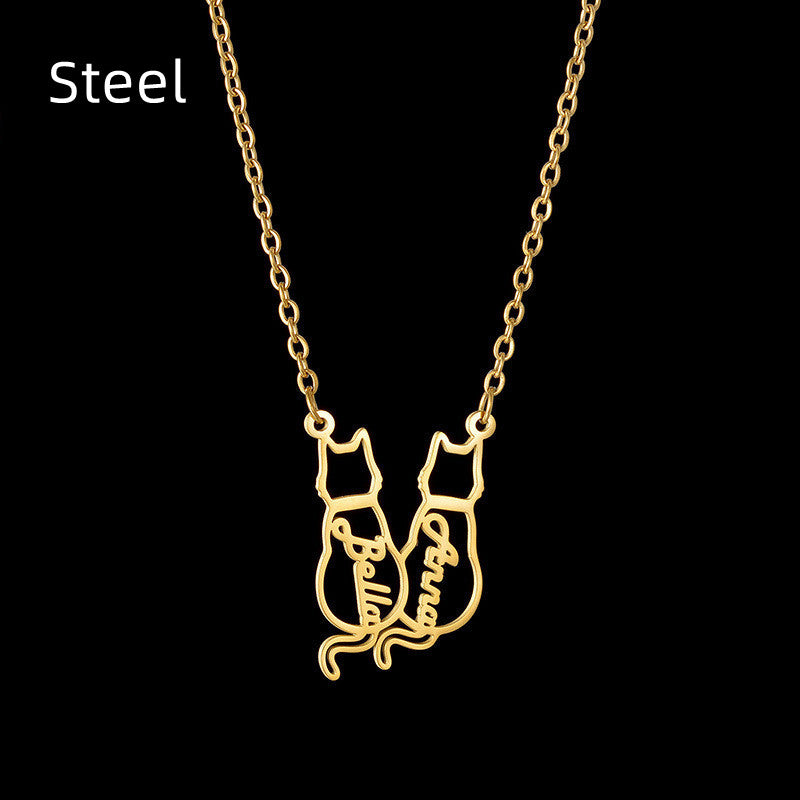 Custom Women's Titanium Cute Kitten Monogrammed Necklace | PERSONALIZED - ChoreGirl