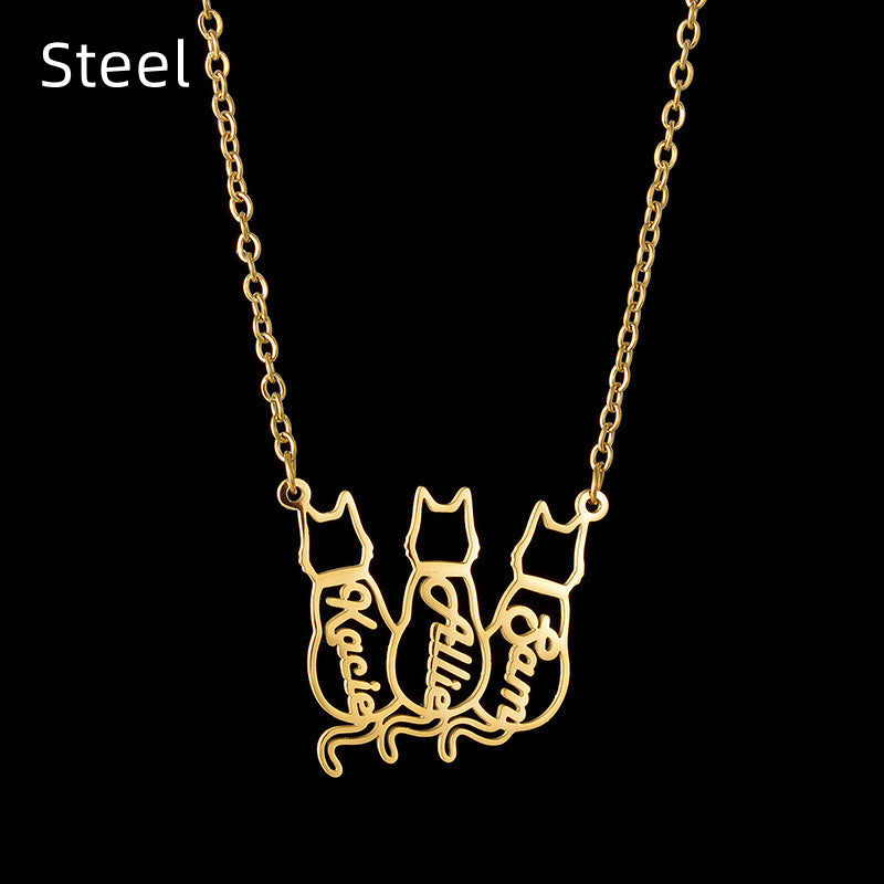 Custom Women's Titanium Cute Kitten Monogrammed Necklace | PERSONALIZED - ChoreGirl