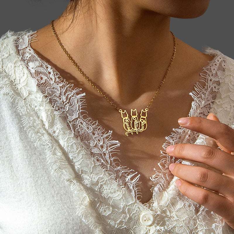 Custom Women's Titanium Cute Kitten Monogrammed Necklace | PERSONALIZED - ChoreGirl
