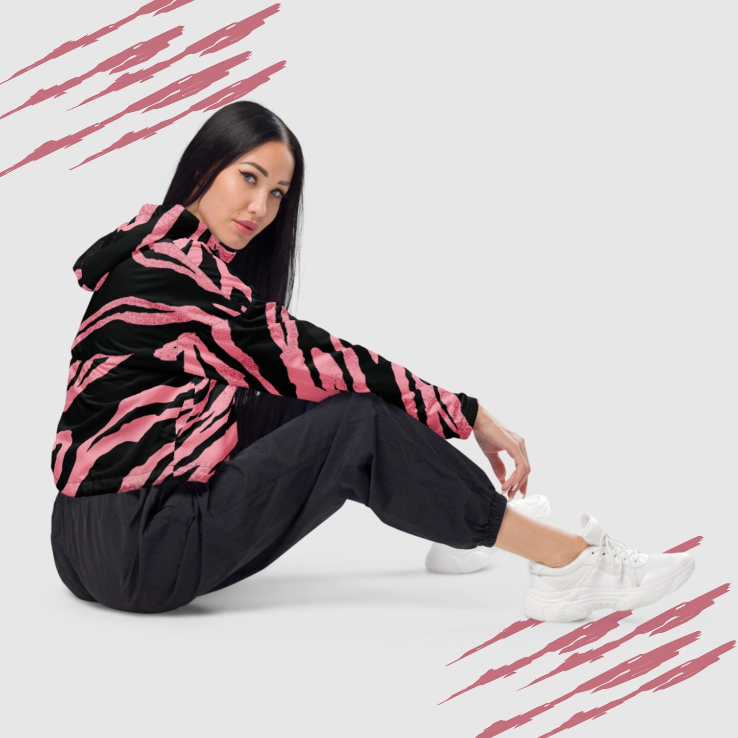 Custom Women’s Pink Tiger Pattern Cropped Windbreaker Jacket | PERSONALIZED - ChoreGirl