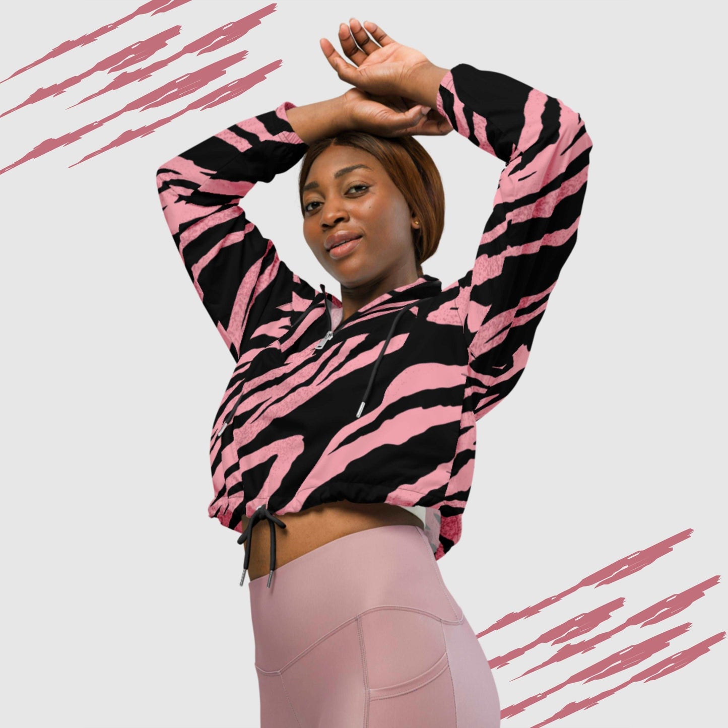 Custom Women’s Pink Tiger Pattern Cropped Windbreaker Jacket | PERSONALIZED - ChoreGirl