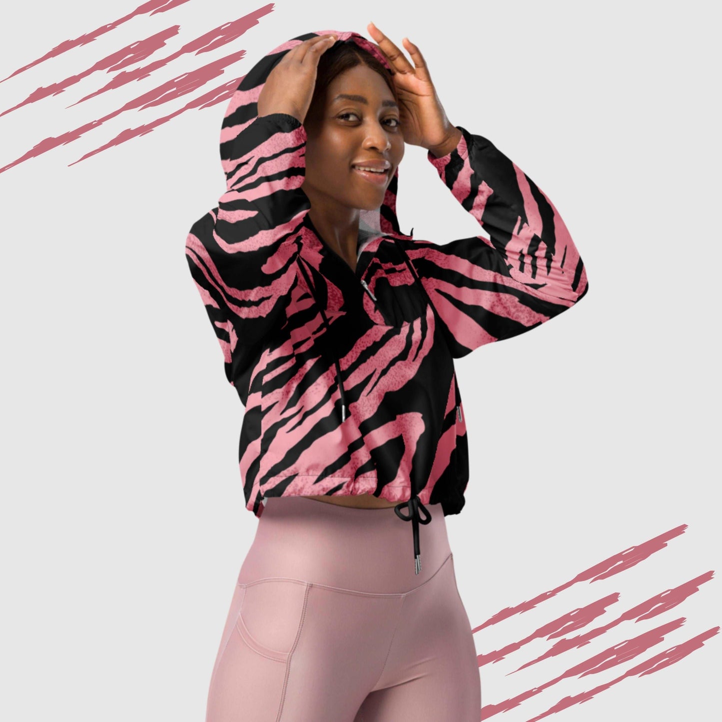 Custom Women’s Pink Tiger Pattern Cropped Windbreaker Jacket | PERSONALIZED - ChoreGirl