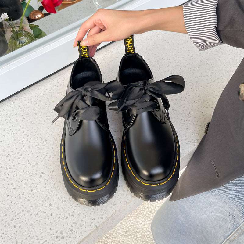 Women's Platform Leather Shoes with Ribbon - ChoreGirl