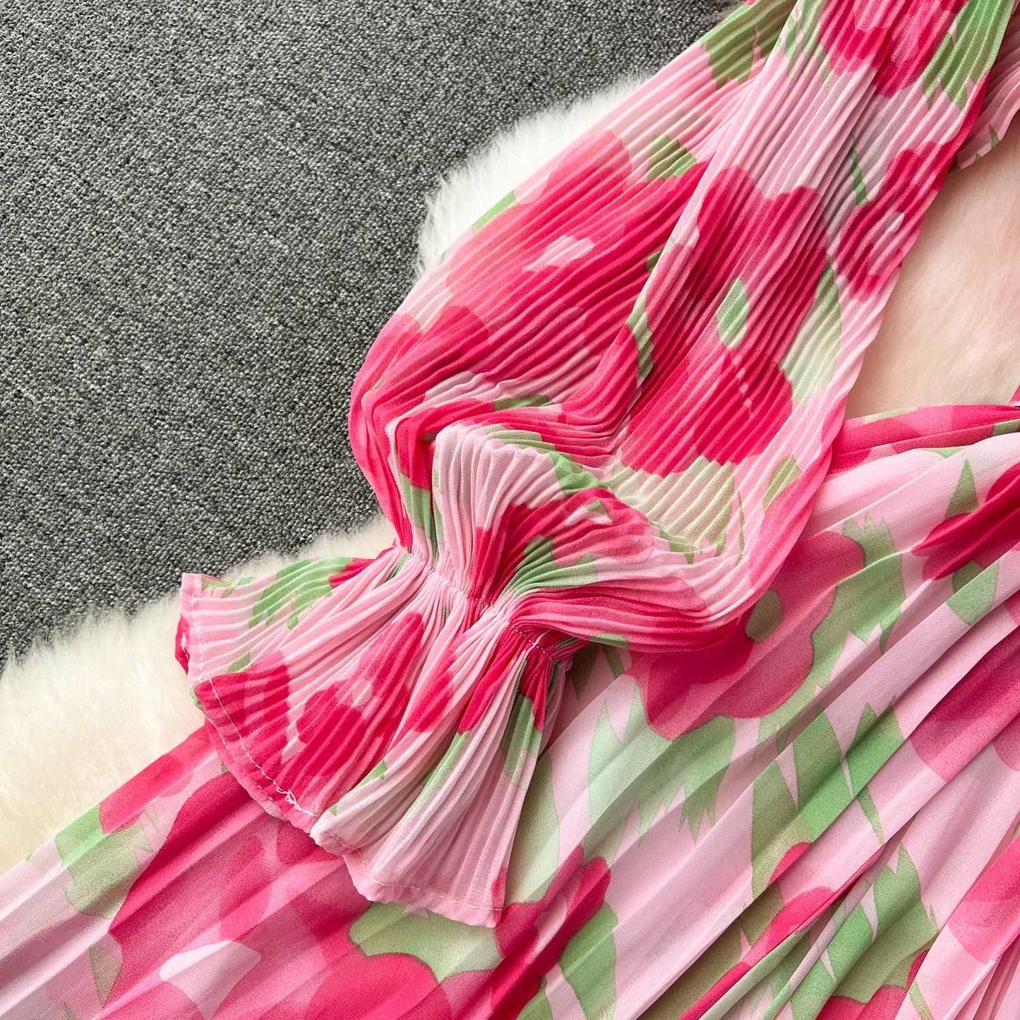 Women's Pleated Ruffle Collar Slim-fit Mid-length Chiffon Dress - ChoreGirl