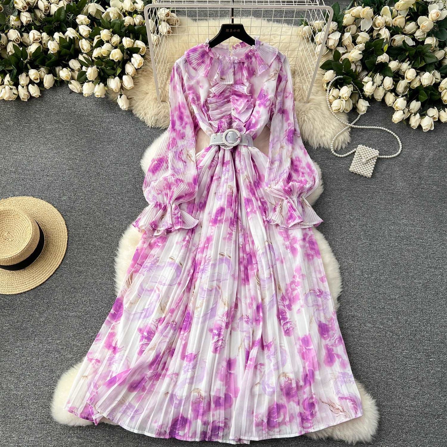 Women's Pleated Ruffle Collar Slim-fit Mid-length Chiffon Dress - ChoreGirl