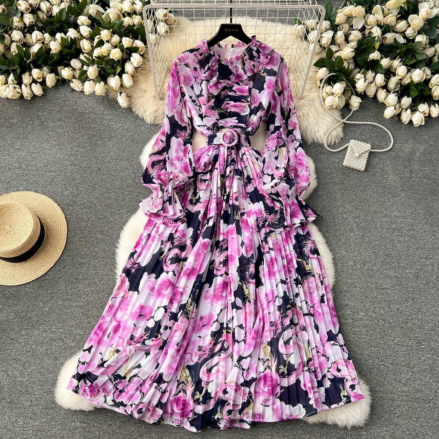 Women's Pleated Ruffle Collar Slim-fit Mid-length Chiffon Dress - ChoreGirl