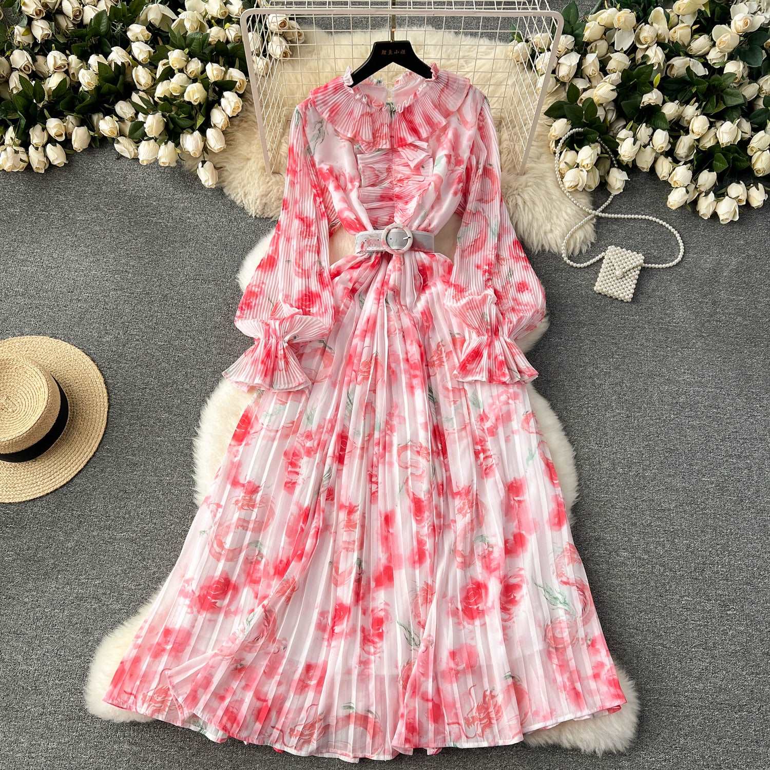 Women's Pleated Ruffle Collar Slim-fit Mid-length Chiffon Dress - ChoreGirl
