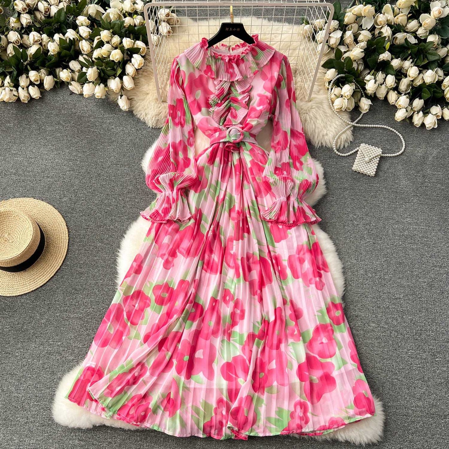Women's Pleated Ruffle Collar Slim-fit Mid-length Chiffon Dress - ChoreGirl