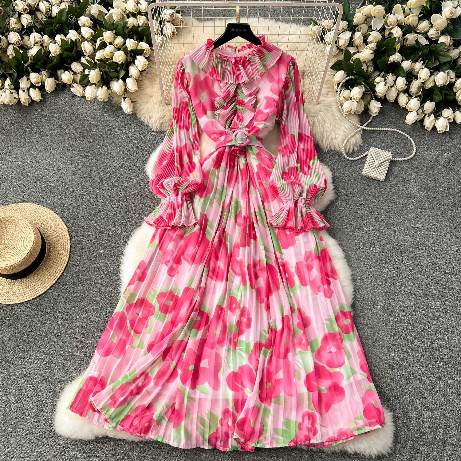 Women's Pleated Ruffle Collar Slim-fit Mid-length Chiffon Dress - ChoreGirl