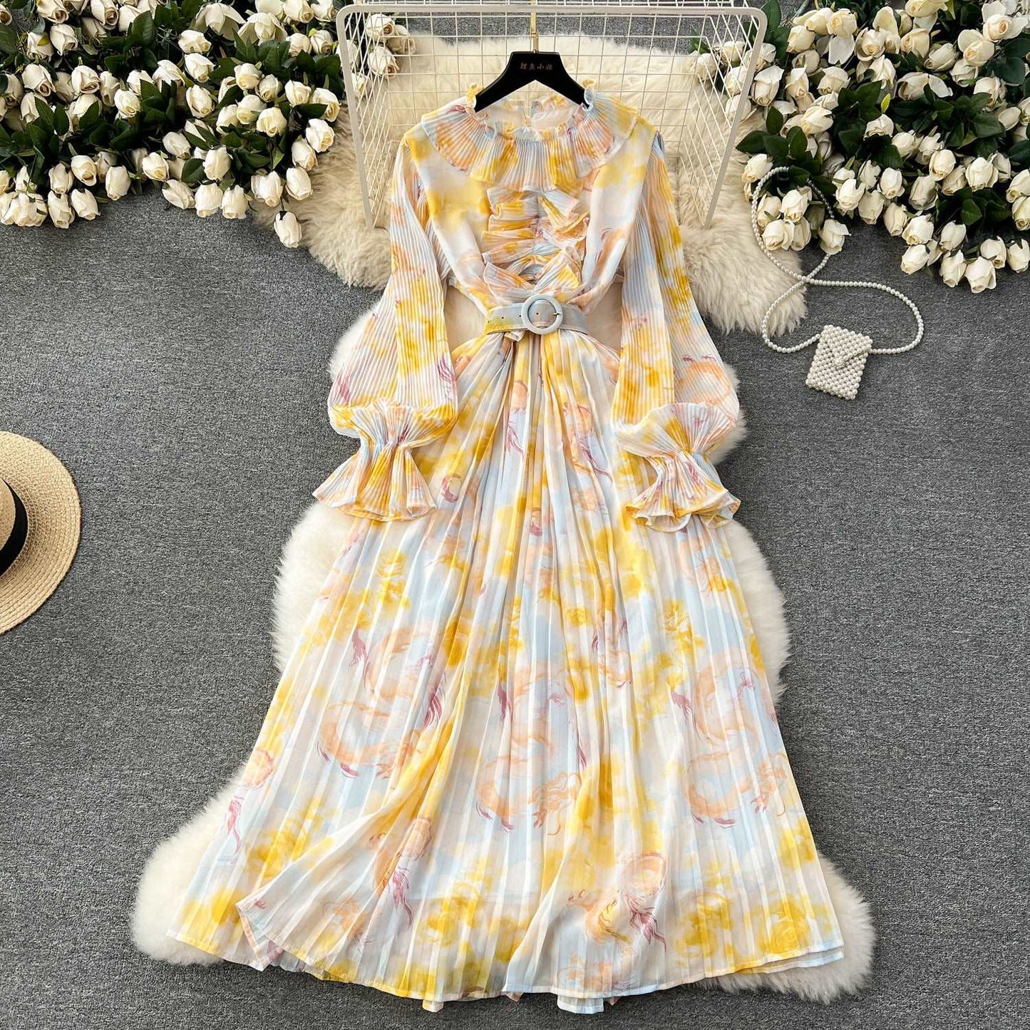 Women's Pleated Ruffle Collar Slim-fit Mid-length Chiffon Dress - ChoreGirl