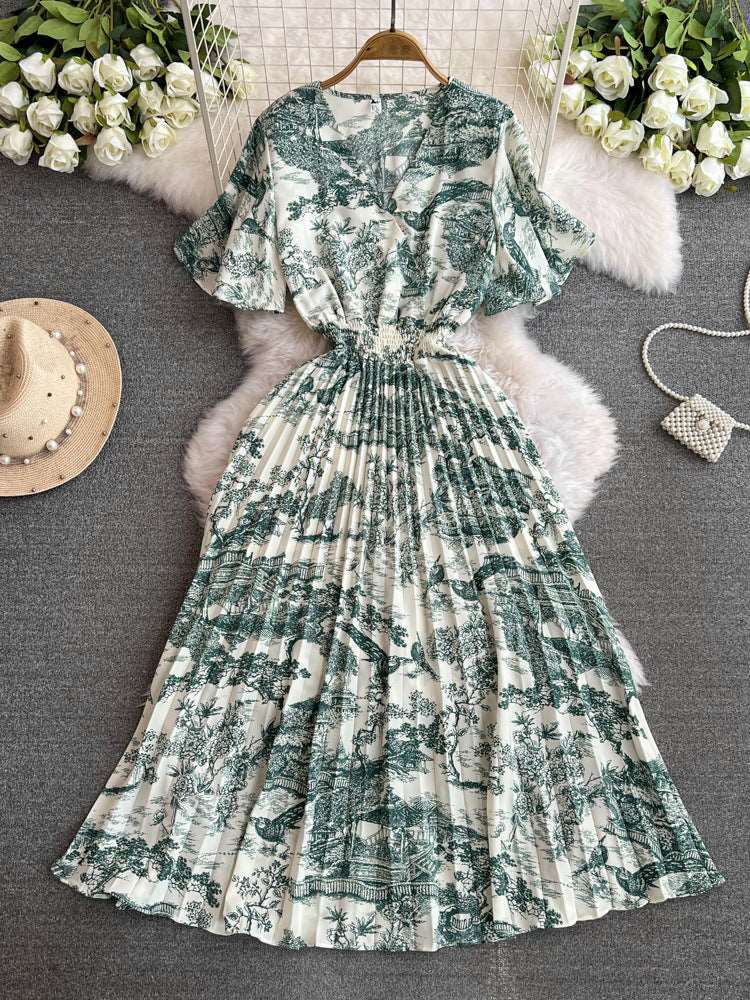 Women's Pleated Style V-neck Flared Sleeves Slim Waist Dress - ChoreGirl