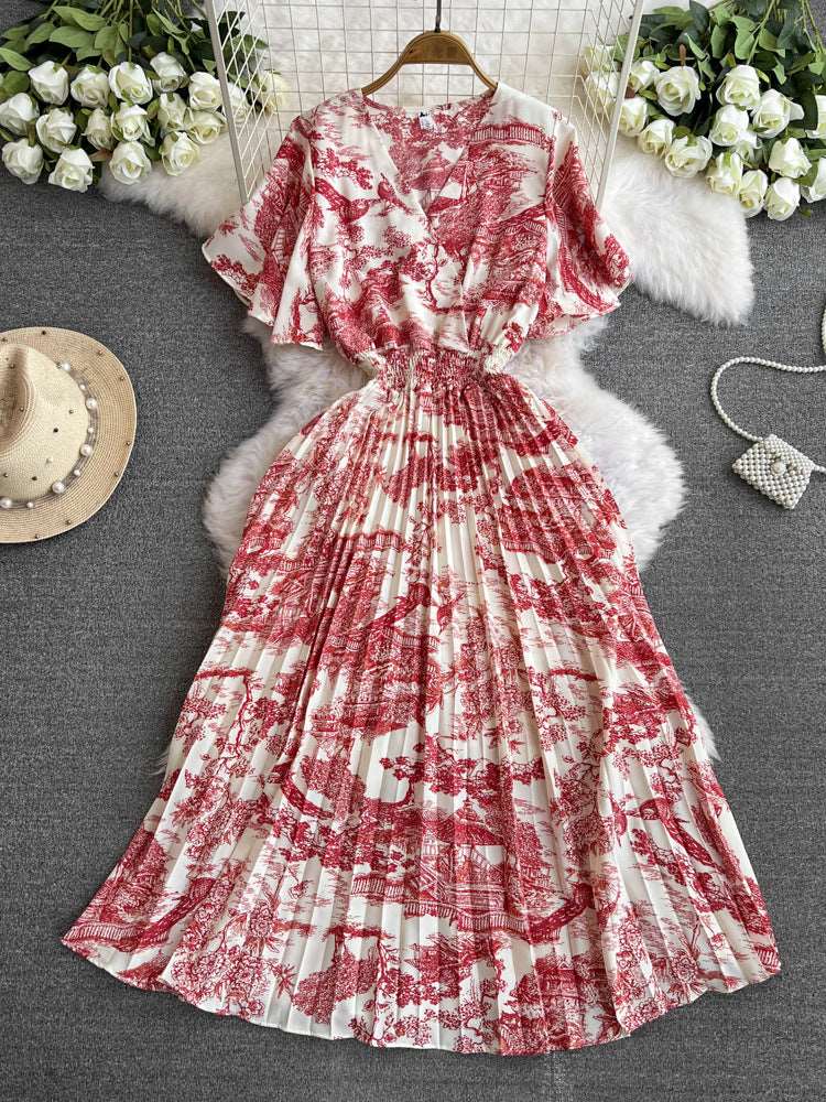 Women's Pleated Style V-neck Flared Sleeves Slim Waist Dress - ChoreGirl