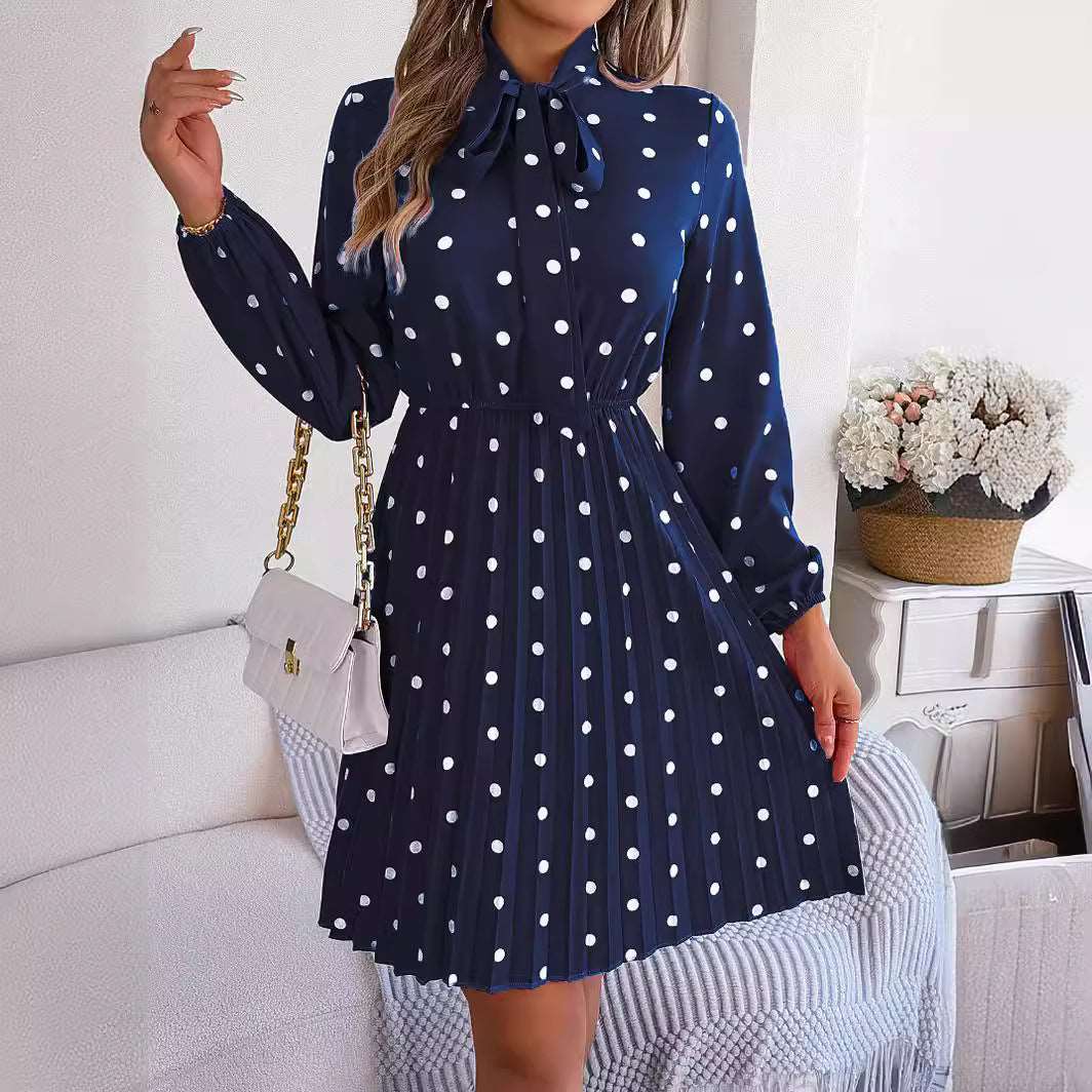 Women's Polka-dot Neck Bow Waist-controlled Long Sleeved Pleated Dress - ChoreGirl