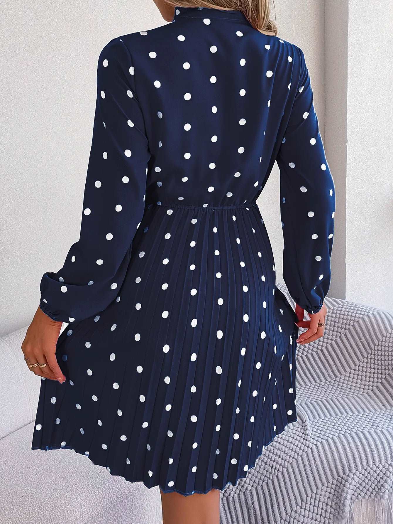 Women's Polka-dot Neck Bow Waist-controlled Long Sleeved Pleated Dress - ChoreGirl