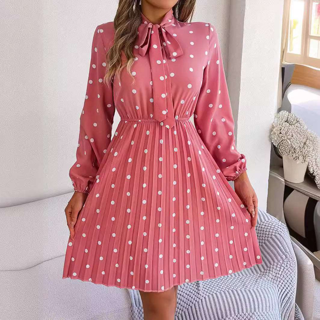 Women's Polka-dot Neck Bow Waist-controlled Long Sleeved Pleated Dress - ChoreGirl