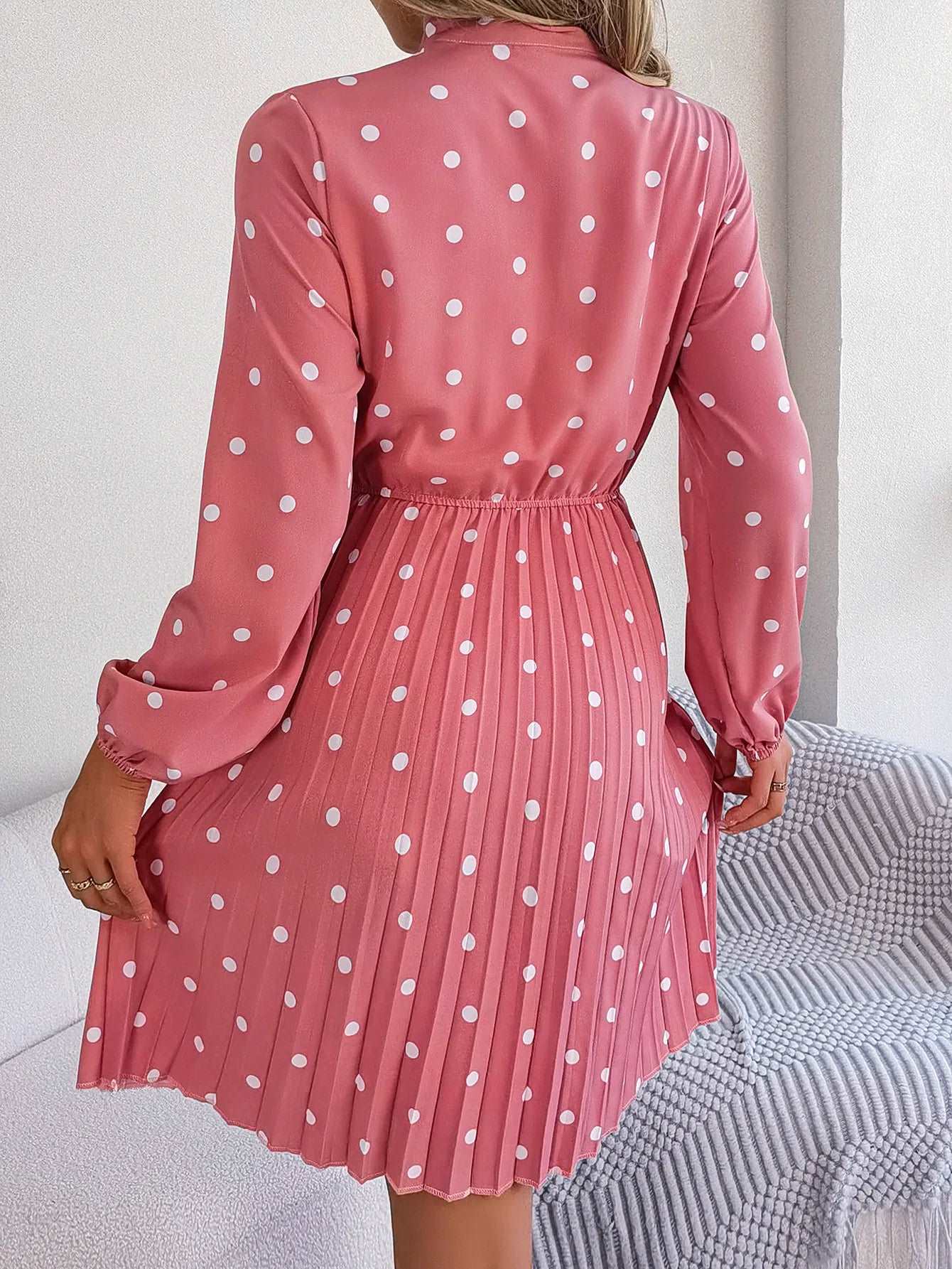 Women's Polka-dot Neck Bow Waist-controlled Long Sleeved Pleated Dress - ChoreGirl