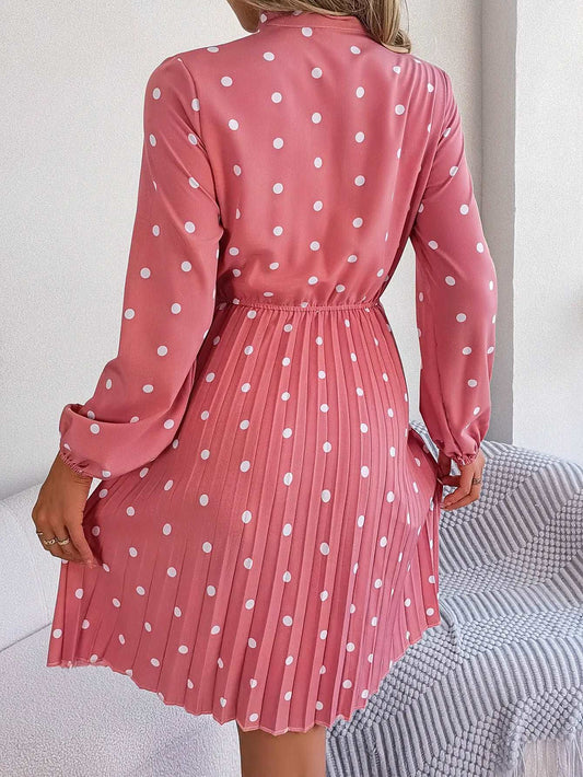 Women's Polka-dot Neck Bow Waist-controlled Long Sleeved Pleated Dress - ChoreGirl